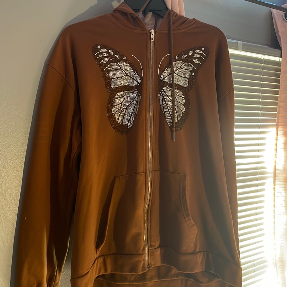 Brown Butterfly Zip Up Hoddie